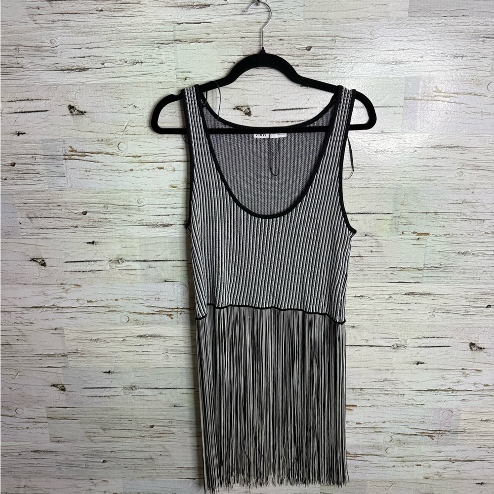 Zara Black and White Striped Fringe Crop Top